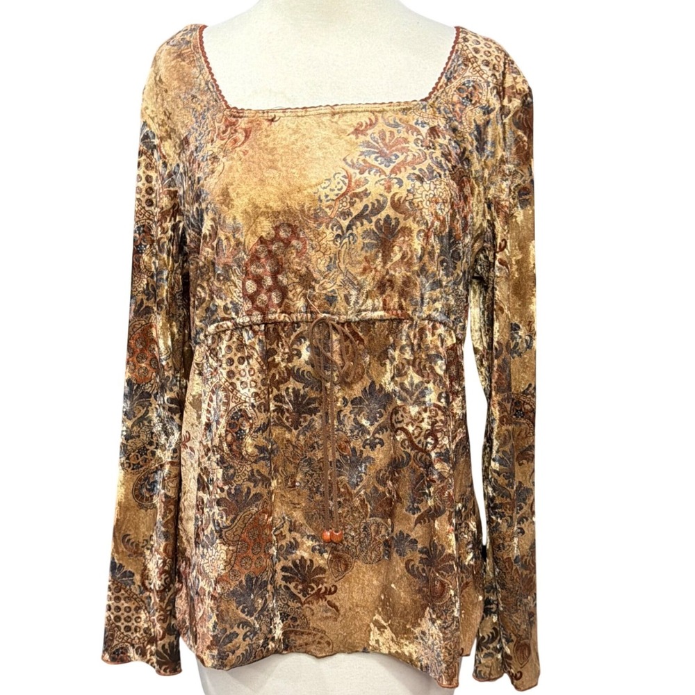 Vintage Y2K Velvet Top Brown Paisley Square Neck Empire Waist Blouse Whimsigoth